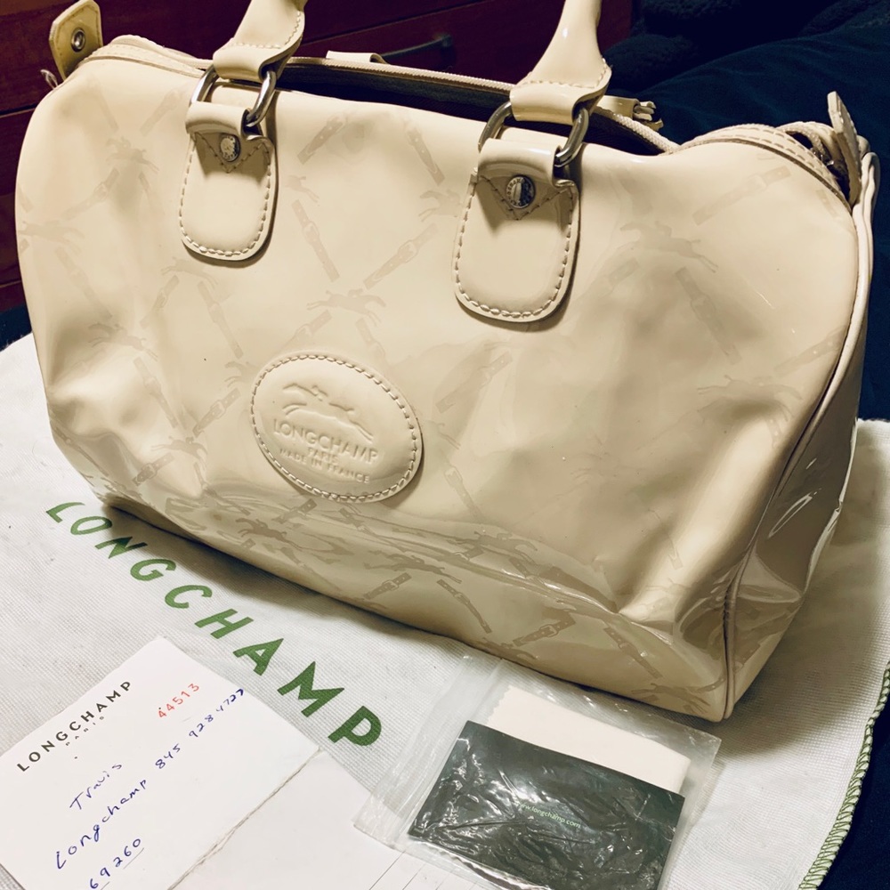 Longchamp patent leather Boston bag - cream